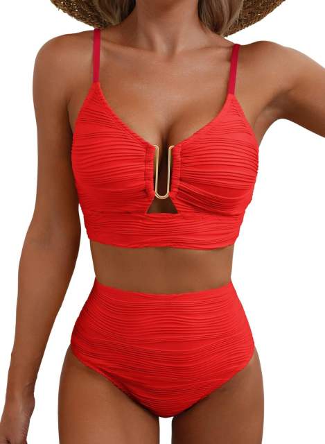 Women's High Waisted Bikini Set, Textured Two Piece Swimsuit with Metal Clasp PQ2421