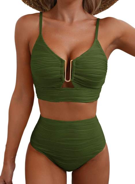Women's High Waisted Bikini Set, Textured Two Piece Swimsuit with Metal Clasp PQ2421