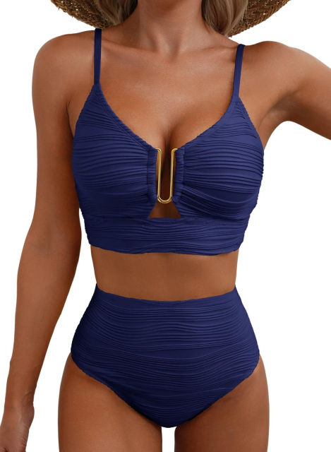 Women's High Waisted Bikini Set, Textured Two Piece Swimsuit with Metal Clasp PQ2421