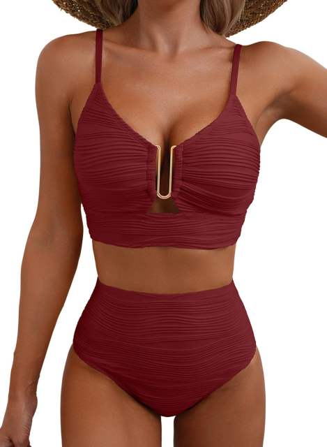 Women's High Waisted Bikini Set, Textured Two Piece Swimsuit with Metal Clasp PQ2421