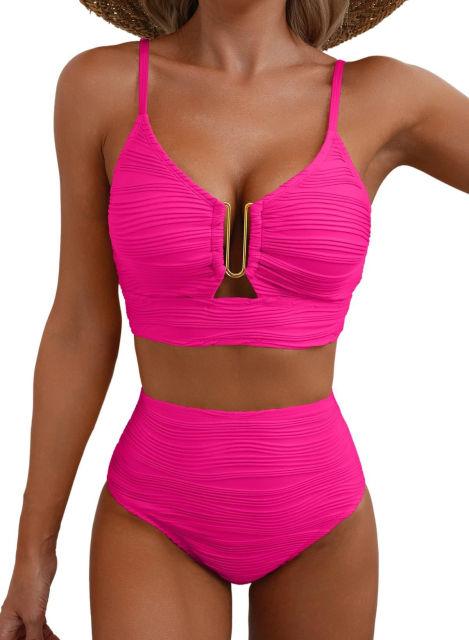 Women's High Waisted Bikini Set, Textured Two Piece Swimsuit with Metal Clasp PQ2421