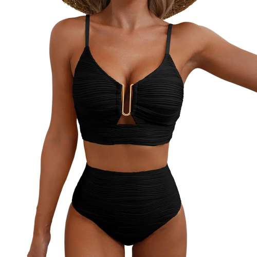 Women's High Waisted Bikini Set, Textured Two Piece Swimsuit with Metal Clasp PQ2421
