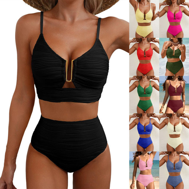 Women's High Waisted Bikini Set, Textured Two Piece Swimsuit with Metal Clasp PQ2421