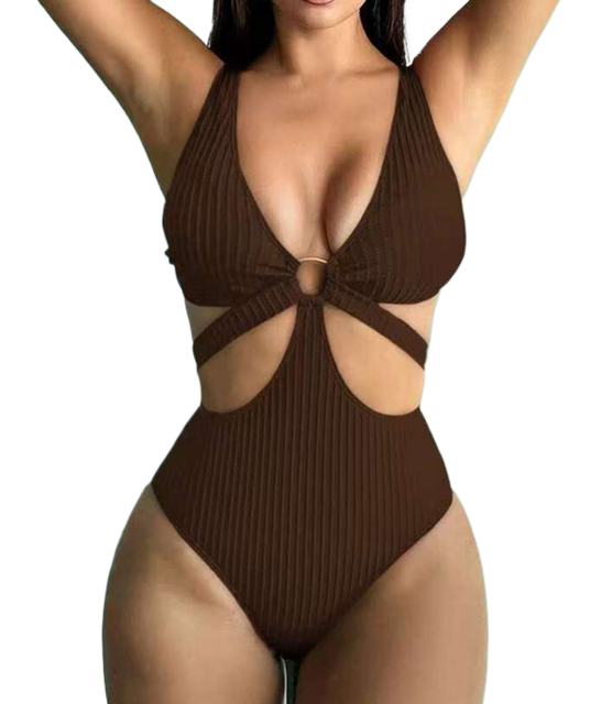 Ribbed One Piece Swimsuit with Cutout Design, Sexy Swimwear for Women PQ2005