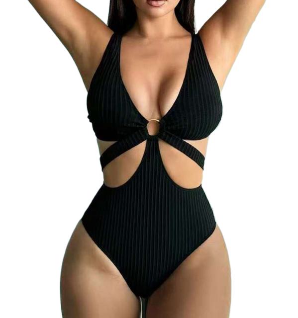 Ribbed One Piece Swimsuit with Cutout Design, Sexy Swimwear for Women PQ2005