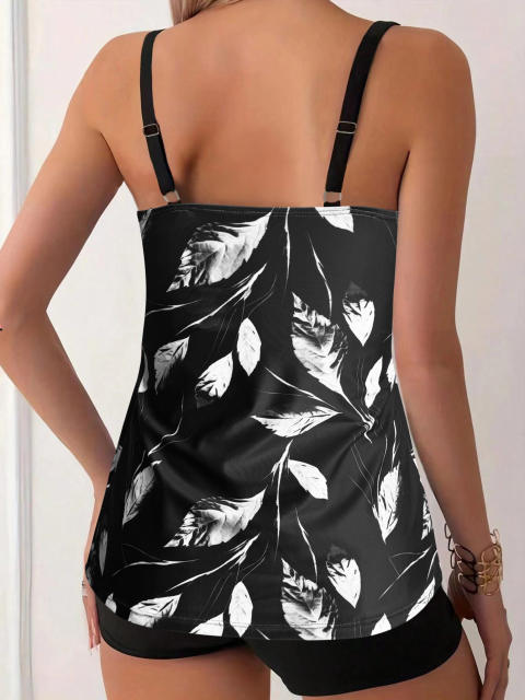 Women's Leaf Print Tankini Set, Adjustable Straps Swimwear PQ-XY919