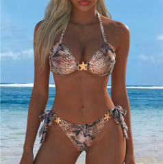 Snake Print Bikini Set with Starfish Hardware, Two Piece Swimsuit PQ-DB1916