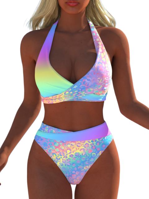 Women's Rainbow Leopard Print Halter Bikini Set, Tie Back Beach Swimwear PQ-A29A20
