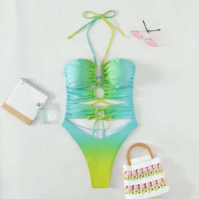 Women's One Piece Swimsuit, Turquoise-Purple Monokini, High Cut Leg Bathing Suit PQ3058