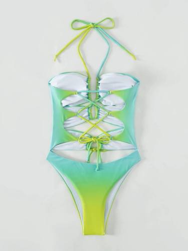 Women's One Piece Swimsuit, Turquoise-Purple Monokini, High Cut Leg Bathing Suit PQ3058