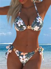 Women's Tropical Floral Halter Bikini Set, Two-Piece Swimsuit with Gold Starfish PQ-DB1911