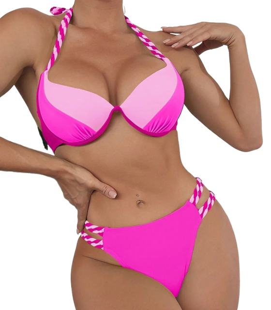 Women's Green Two-Piece Bikini Set, Strappy Sides Swimsuit PQ2316