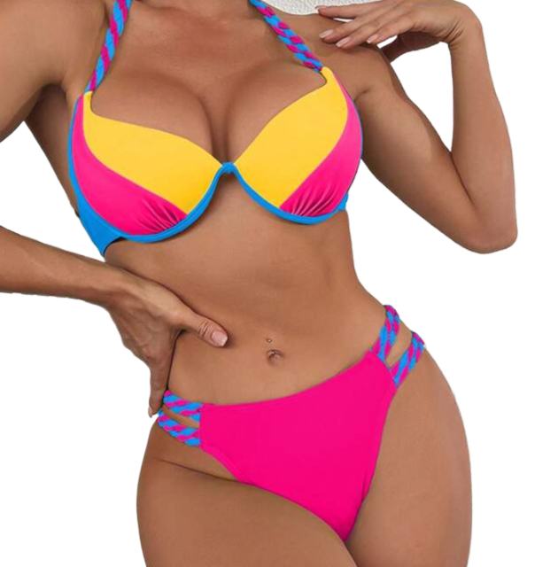 Women's Green Two-Piece Bikini Set, Strappy Sides Swimsuit PQ2316