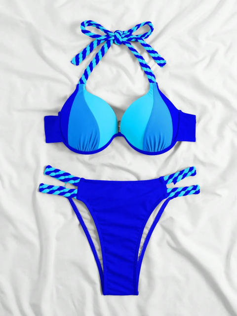 Women's Green Two-Piece Bikini Set, Strappy Sides Swimsuit PQ2316