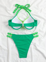 Women's Green Two-Piece Bikini Set, Strappy Sides Swimsuit PQ2316