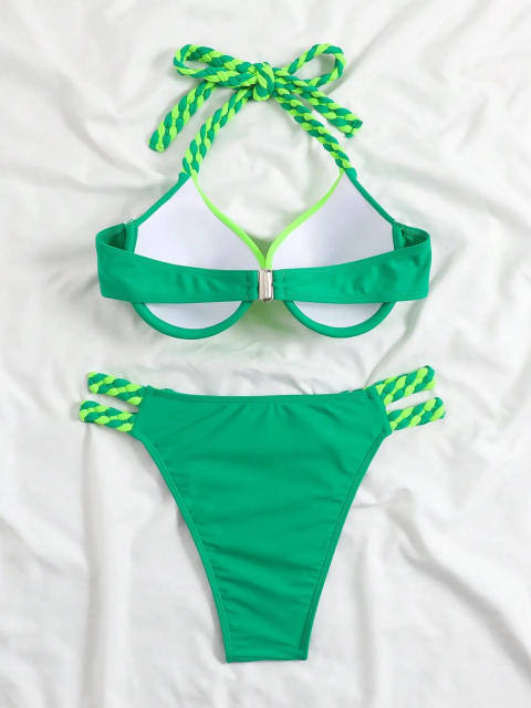 Women's Green Two-Piece Bikini Set, Strappy Sides Swimsuit PQ2316