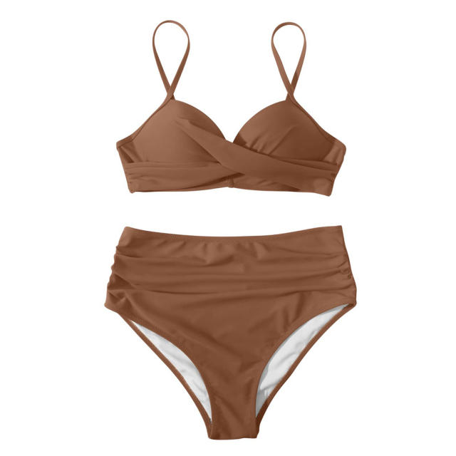Ladies High Waist Two Piece Swimsuit, Push Up Solid Color Beach Wear PQ3404