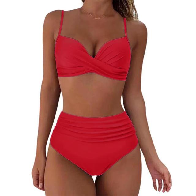 Ladies High Waist Two Piece Swimsuit, Push Up Solid Color Beach Wear PQ3404