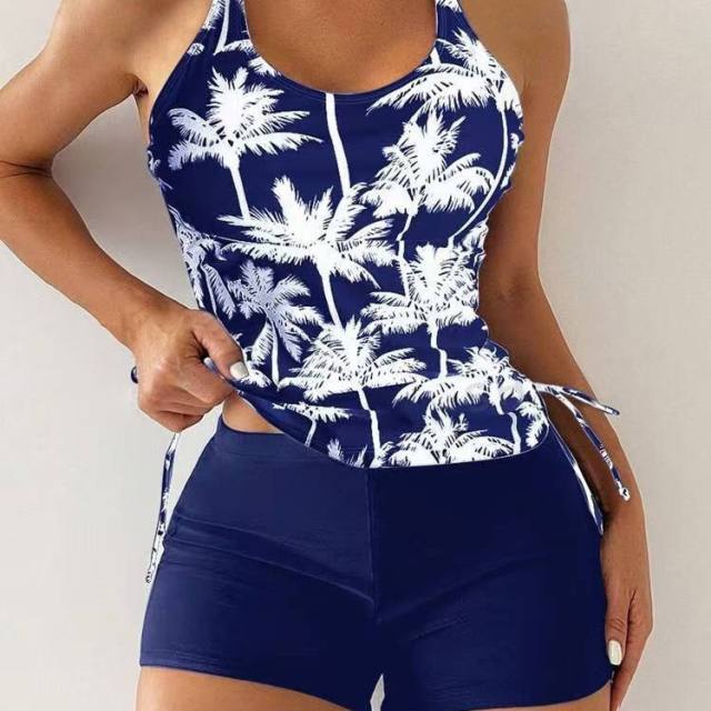 Women's Tropical Palm Tree Print Tankini Set, Racerback Top with Side Drawstring and Shorts PQ5606