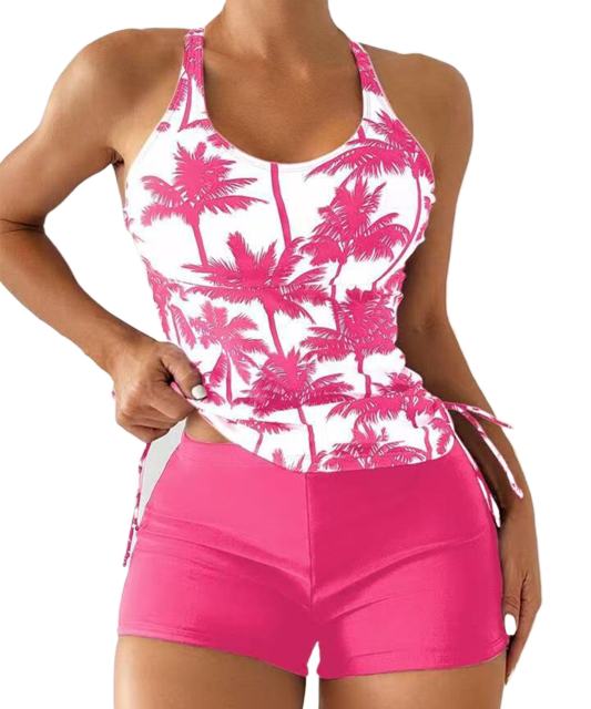 Women's Tropical Palm Tree Print Tankini Set, Racerback Top with Side Drawstring and Shorts PQ5606