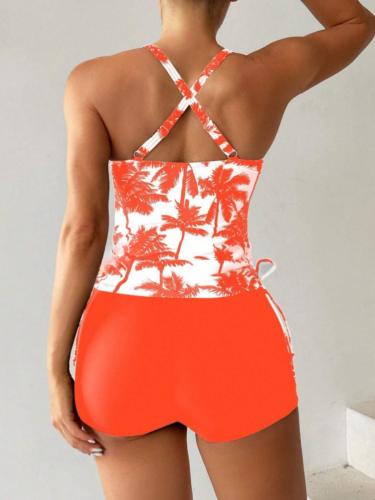 Women's Tropical Palm Tree Print Tankini Set, Racerback Top with Side Drawstring and Shorts PQ5606