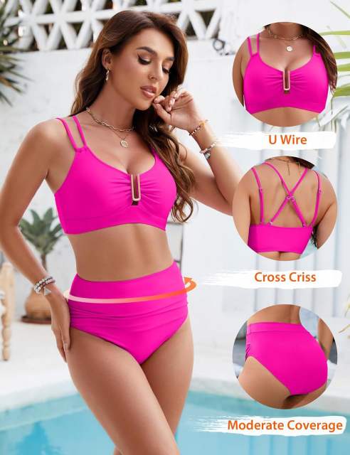 Women's Two-Piece Bikini Set, High Waist Ruched Bottom with Gold Ring PQ-TLK074