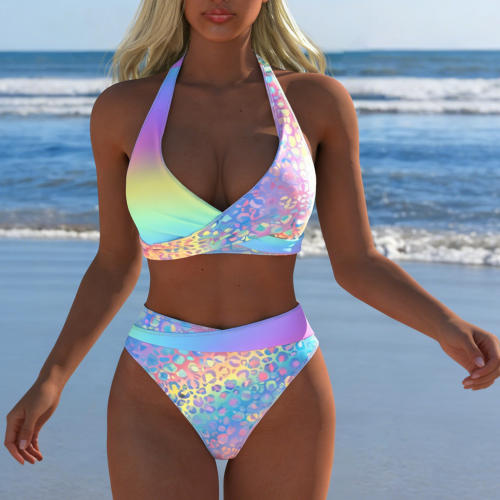 Women's Rainbow Leopard Print Halter Bikini Set, Tie Back Beach Swimwear PQ-A29A20