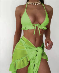 3PCS Triangle Bikinis Set with Mesh Skirt Women Swimming Costume PQ8894