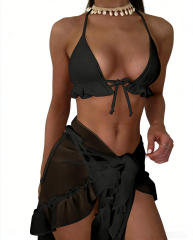 3PCS Triangle Bikinis Set with Mesh Skirt Women Swimming Costume PQ8894