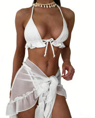 3PCS Triangle Bikinis Set with Mesh Skirt Women Swimming Costume PQ8894