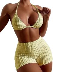 Solid Color Bikinis with Boxer Shorts Womens Brazilian Girl Triangle Swimwear PQ9030