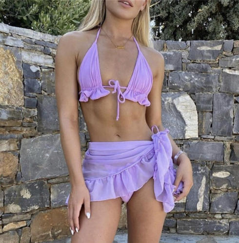 3PCS Triangle Bikinis Set with Mesh Skirt Women Swimming Costume PQ8894