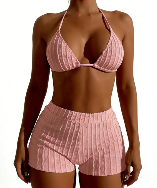 Solid Color Bikinis with Boxer Shorts Womens Brazilian Girl Triangle Swimwear PQ9030