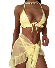 3PCS Triangle Bikinis Set with Mesh Skirt Women Swimming Costume PQ8894