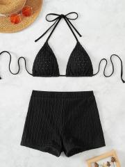 Solid Color Bikinis with Boxer Shorts Womens Brazilian Girl Triangle Swimwear PQ9030