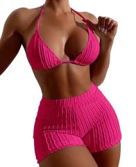Solid Color Bikinis with Boxer Shorts Womens Brazilian Girl Triangle Swimwear PQ9030