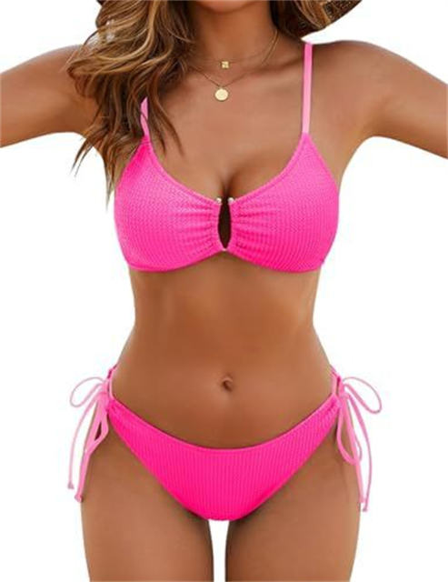 Women's Green Ribbed Bikini Set, Side Tie Bottoms PQ2582