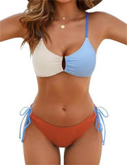 Women's Green Ribbed Bikini Set, Side Tie Bottoms PQ2582