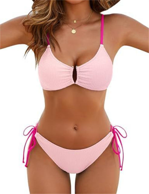 Women's Green Ribbed Bikini Set, Side Tie Bottoms PQ2582