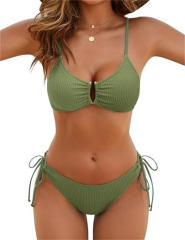 Women's Green Ribbed Bikini Set, Side Tie Bottoms PQ2582