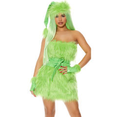 Green Furry Grinch Costume for Women - Adult Cosplay Outfit for Halloween & Holiday PQ5515