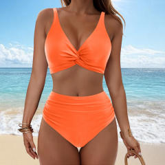 Women Twist Front High Waisted Bikini V Neck Ruched Bathing Suit PQ-M023