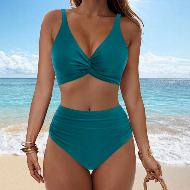 Women Twist Front High Waisted Bikini V Neck Ruched Bathing Suit PQ-M023