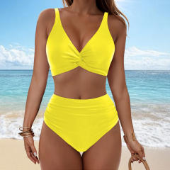 Women Twist Front High Waisted Bikini V Neck Ruched Bathing Suit PQ-M023