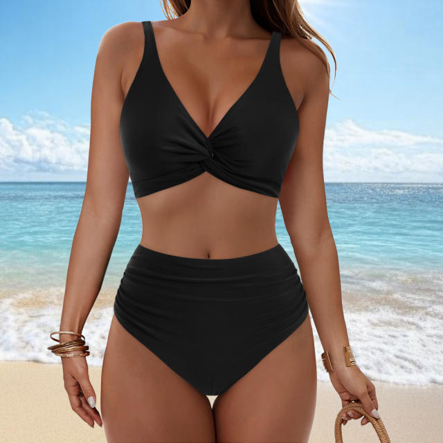 Women Twist Front High Waisted Bikini V Neck Ruched Bathing Suit PQ-M023