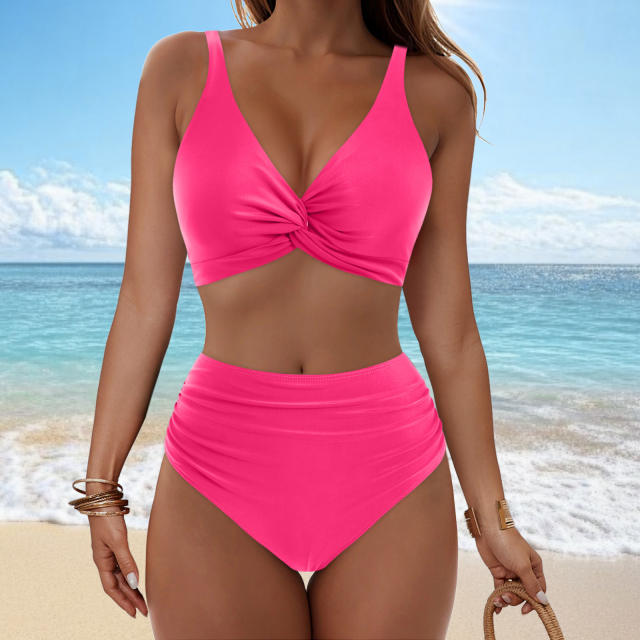 Women Twist Front High Waisted Bikini V Neck Ruched Bathing Suit PQ-M023