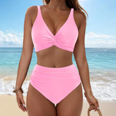 Women Twist Front High Waisted Bikini V Neck Ruched Bathing Suit PQ-M023