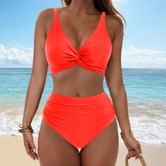Women Twist Front High Waisted Bikini V Neck Ruched Bathing Suit PQ-M023