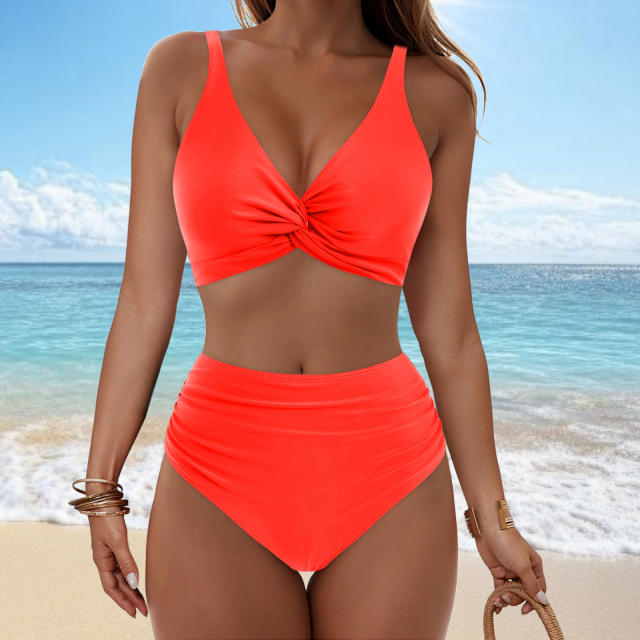 Women Twist Front High Waisted Bikini V Neck Ruched Bathing Suit PQ-M023
