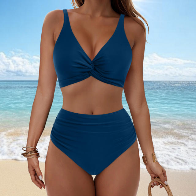 Women Twist Front High Waisted Bikini V Neck Ruched Bathing Suit PQ-M023
